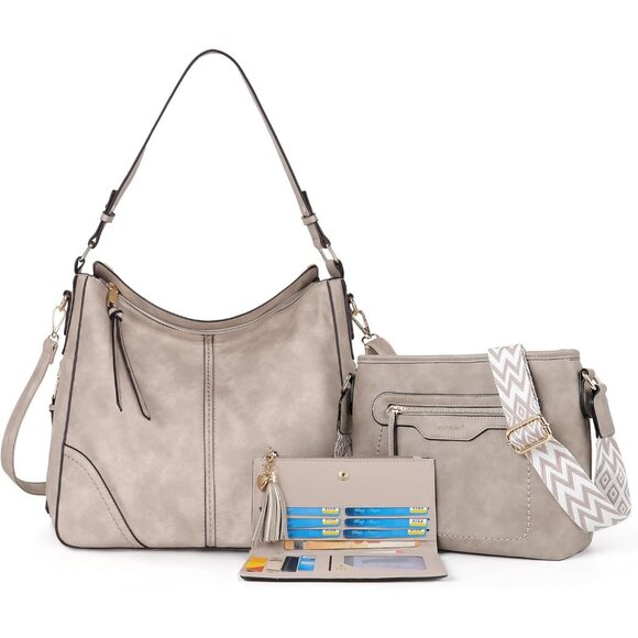 Handbags - Women’s Grey 3PCS Purses  PU Leather Crossbody Set with Wallet & Tote Hobo Bag